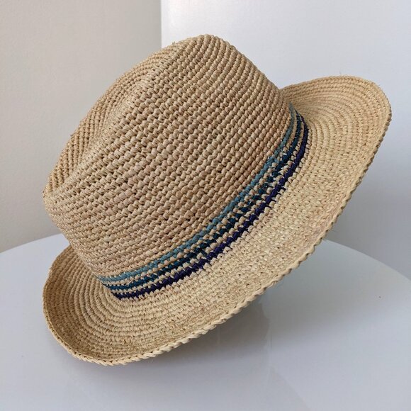 Crocheted natural raffia fedora hat made in Madagascar
